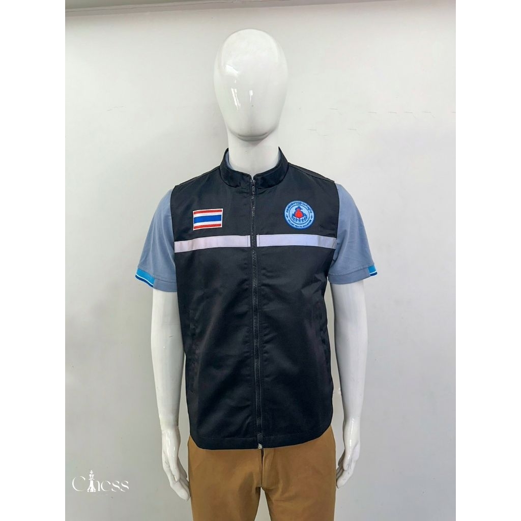 กั๊กอสม รุ่นปักลงเสื้อ เสื้อกั๊กสีดำอสม (กั๊กปักอสม) ผ้าค้อตต้อนค้อมทวิว งานผลิตจากโรงงานไทย