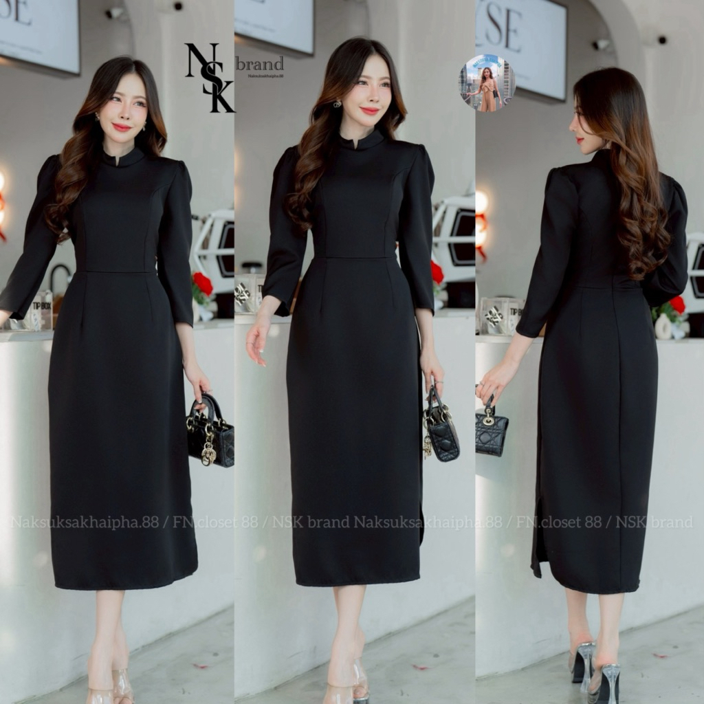 พร้อมส่ง Dress (8802) ทรงไทยบรมพิมาน คอจิตรลดา ผ่าข้าง เรียบร้อย (ป้าย NSK brand)