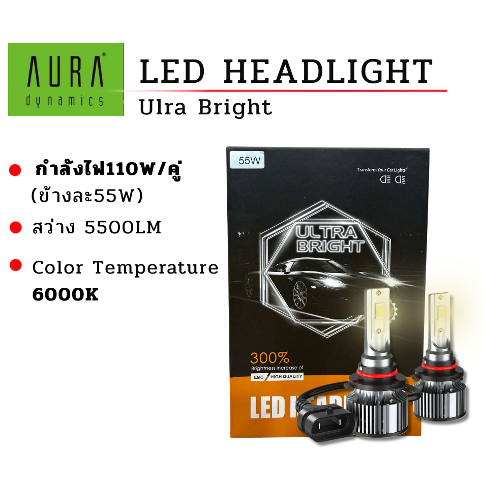 (1คู่) LED CANBUS AURA Dynamics 55W 6000Kเเสงขาว 5500LM H1 H4 H7 H11 HB3 HB4 HIR2