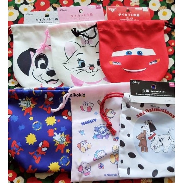 Disney cars / Chip & Dale drawstring bag ถุงหูรูด กระเป๋าหูรูด คาร์ ชิป เดล มารี 101 Tot story กรีนแมน ของแท้จากญี่ปุ่น
