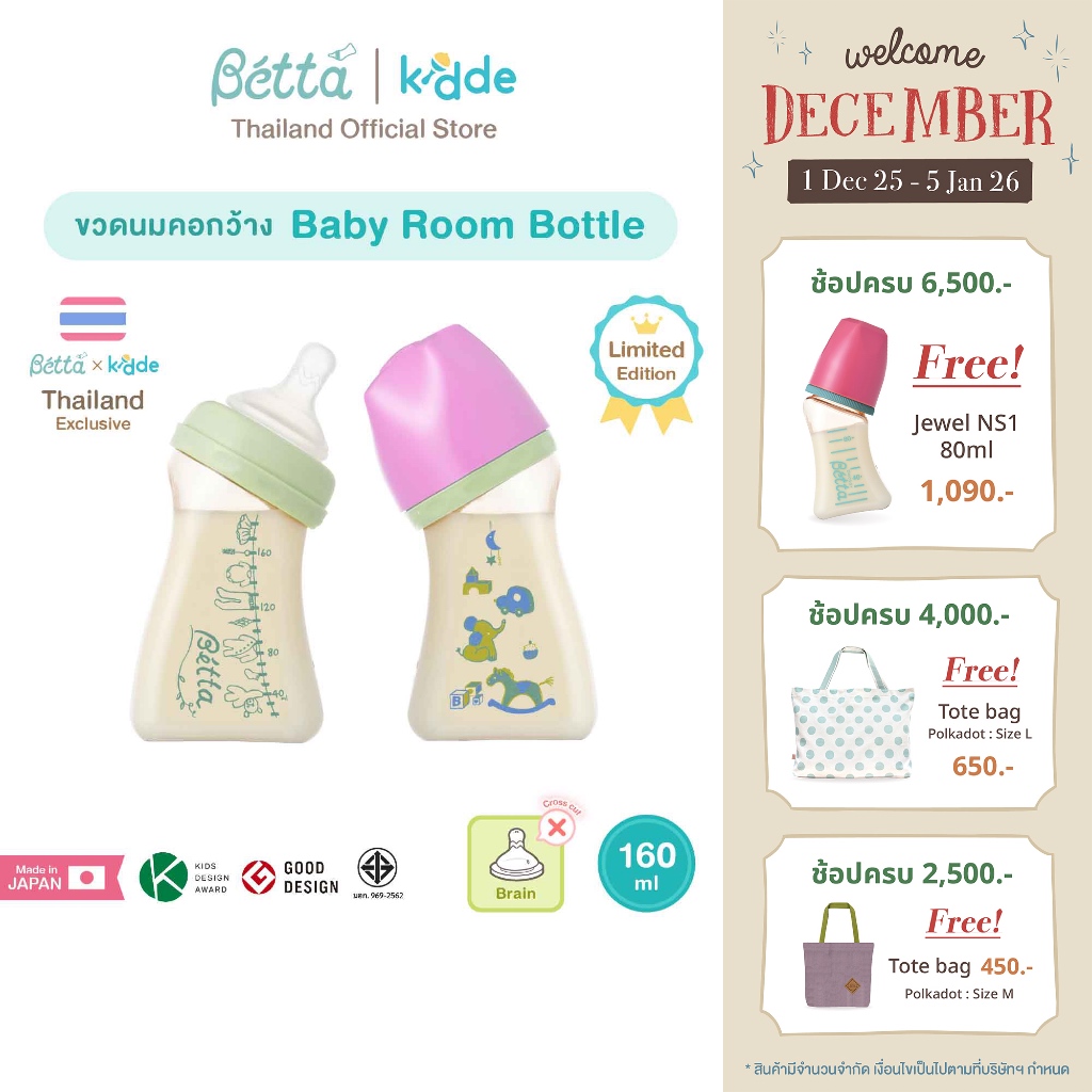 Dr.Betta Baby Bottle - Baby Room Bottle 160ml (5ออนซ์) ขวดนมคอกว้าง PPSU รูจุกกากบาท แบบไม่ดูดไม่ไหล