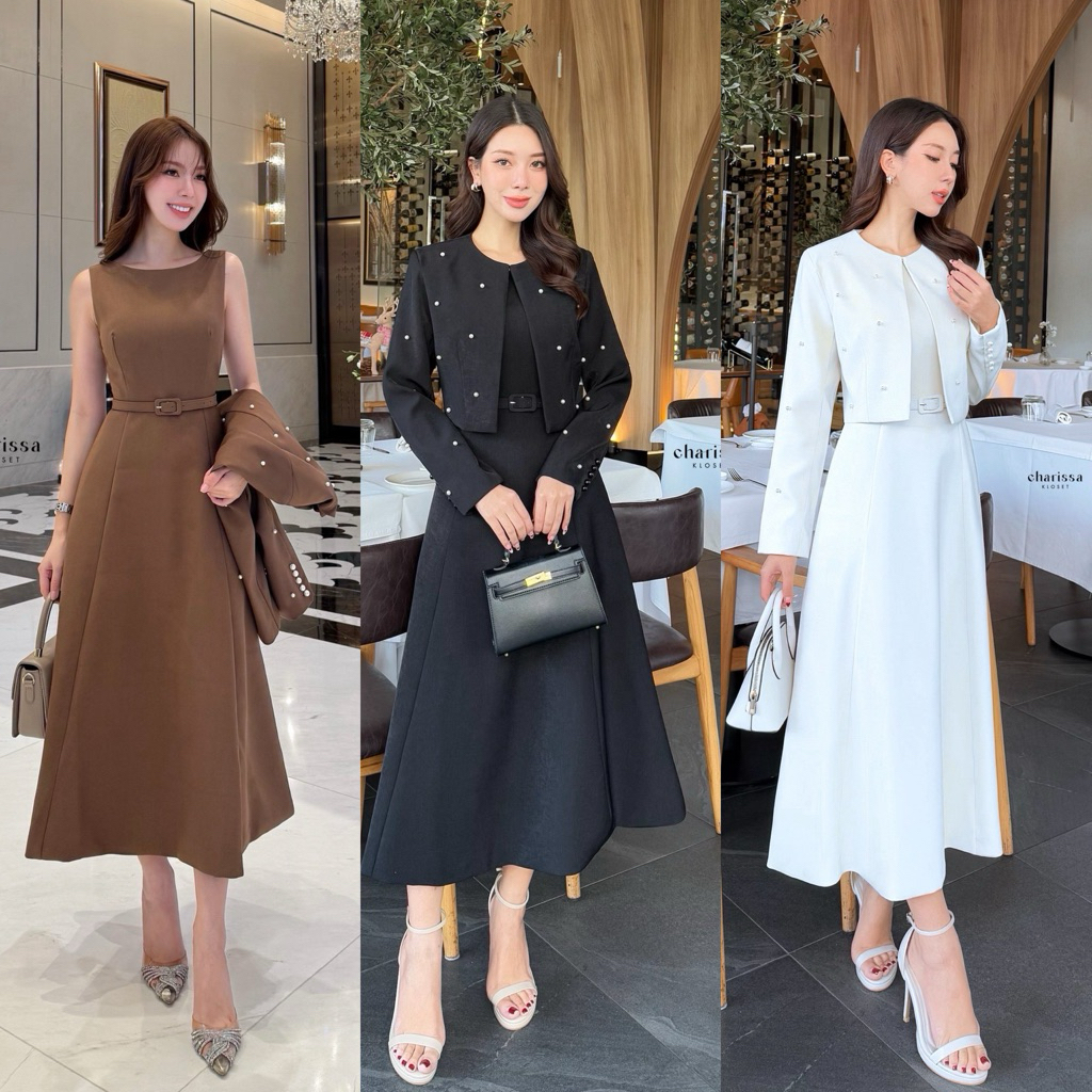 CHARISSA•ลุค CEO เดรสยาวแขนกุด+ มาพร้อมกับเสื้อคลุมติดไข่มุก