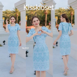 KS602 เดรสผ้าทอแพรวากาฬสินธิ์ แต่งโบว์ไหล่ คอเหลี่ยม ทรงสอบ อัดกาวทั้งชุด เรียบหรูดูแพงสุดๆ (S-5XL)