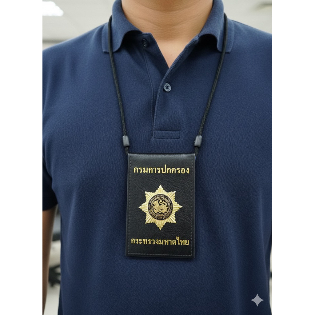 ซองใส่บัตรคล้องคอ  ทำจากหนังแท้ ที่ซองมีแม่เหล็กปิดฝาได้สนิทบัตรไม่หล่น มีหลายหน่วยงาน