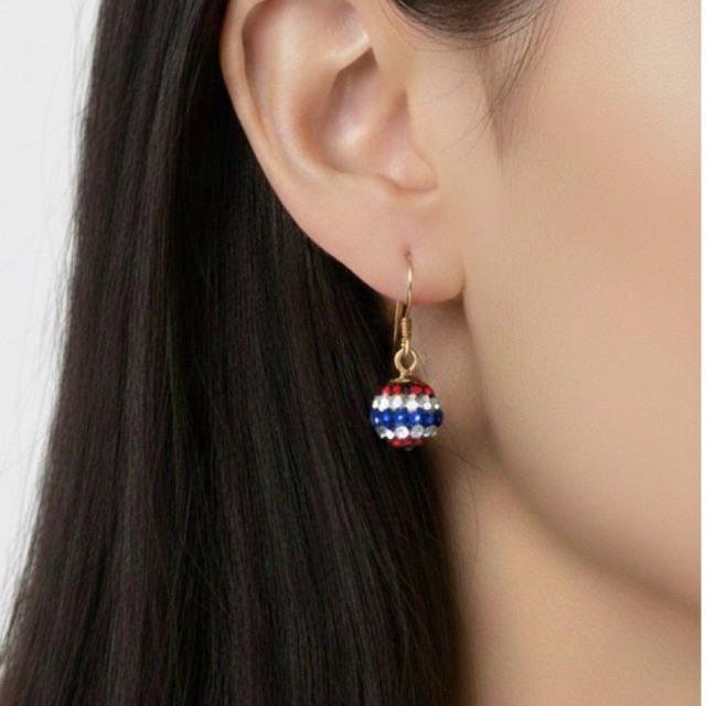 Thai Flag Color Crystal Ball Drop Earrings Gold Hook
