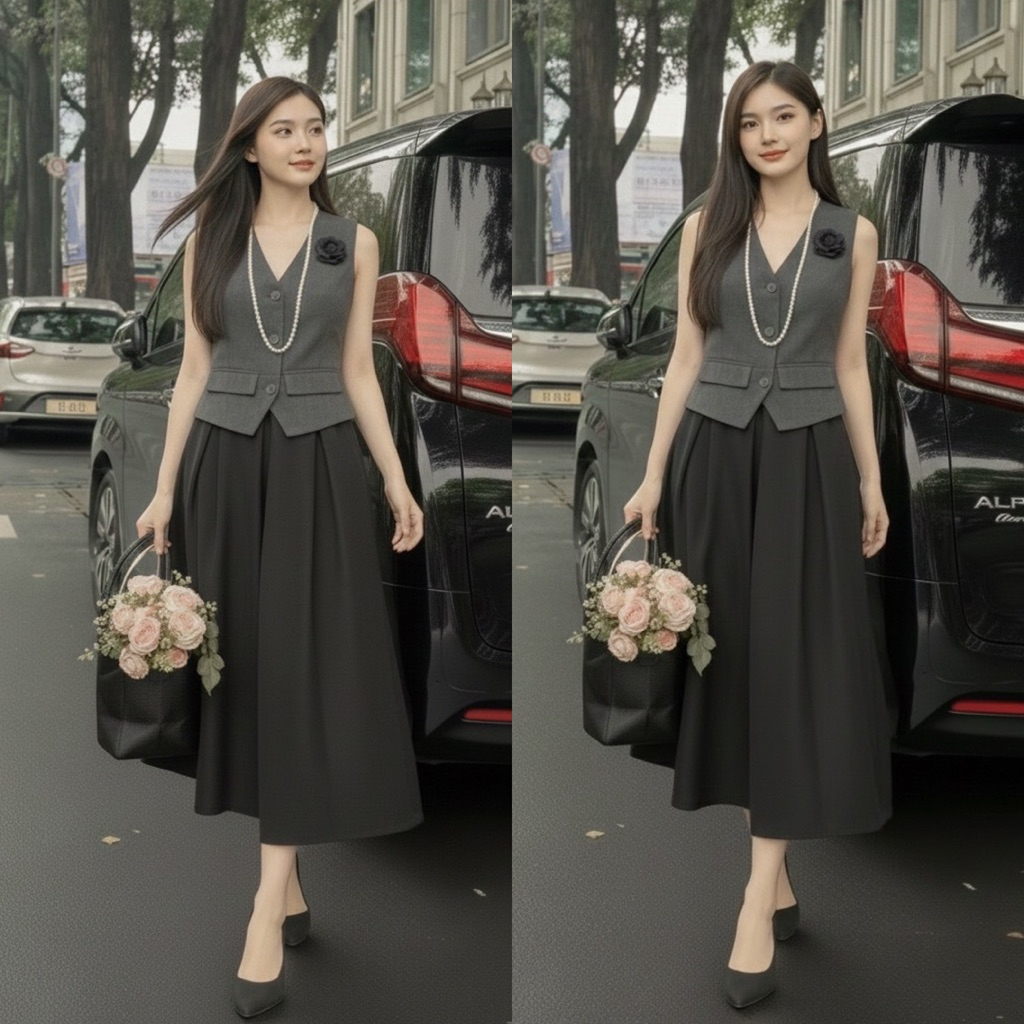 MILA ชุดเซ็ต 2 ชิ้นเสื้อกั๊กสีเทาดีไซน์คอวีทรงเข้ารูปติดกระดุมหน้าใช้งานได้จริง ดอกไม้ติดเสื้อสุดเก๋พร้อมกระโปรงยาว