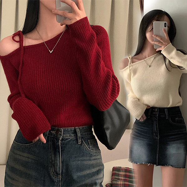 Red Berryเสื้อสเวตเตอร์เกาหลีเปิดไหล่ผูกเชือกสีแดง เสื้อสเวตเตอร์ถักแขนยาวทรงสลิมฟิตD413