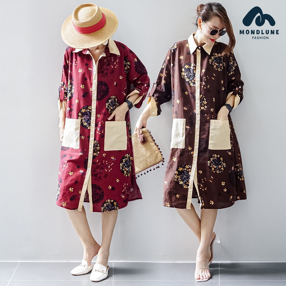 #3023 MondLune ชุดเดรสเชิ้ต กระดุมผ่าหน้า กระเป๋าหน้า แขนยาว ผ้าฝ้ายผสมลินิน