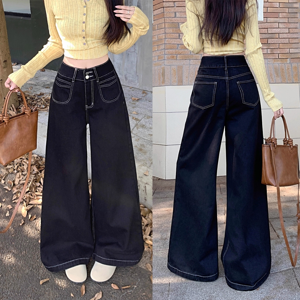 S~5XL Baggy jeans Black กางเกงยีนส์ทรงตรงสีดำอินเทรนด์ กางเกงลำลองเอวสูงดีไซน์กระเป๋า กางเกงยีนส์ขากว้างอเนกประสงค์
