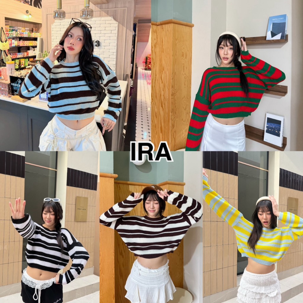 BY IRA Albert เสื้อครอปไหมพรมแขนยาวลายทาง สไตล์น่ารักมินิมอล