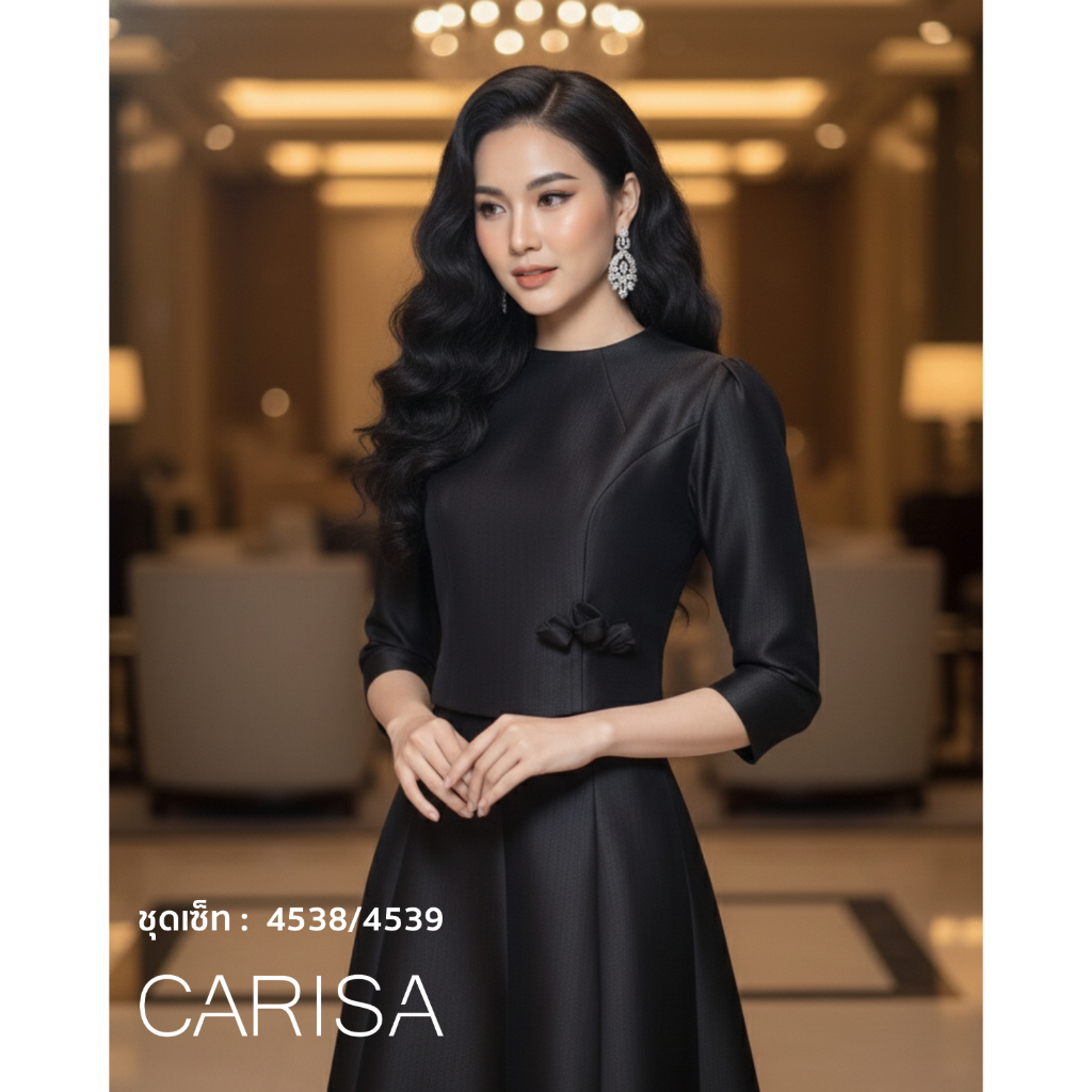 [4538] **เฉพาะเสื้อ** ชุดSet  สีดำ ผ้าไหมเนื้อนิ่ม เกรดพรีเมี่ยม ทอด้วยเทคนิคพิเศษ ตกแต่งดอกไม้ด้านหน้า แขน 5 ส่วน