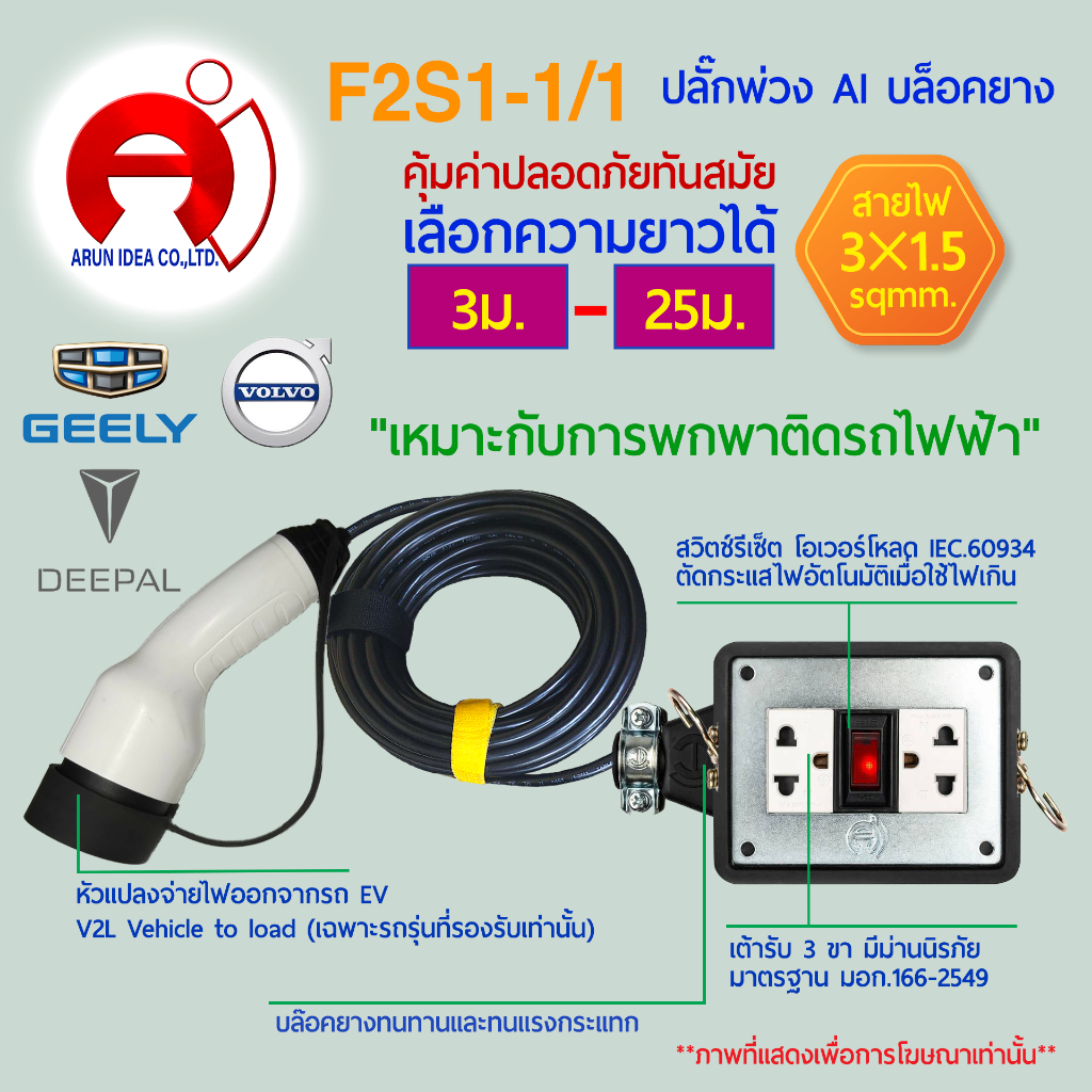ปลั๊กพ่วง ปลั๊กไฟ รถไฟฟ้า V2L DEEPAL 05 07 GEELY ex2 ex5 ตั้งแค้มป์ สาย3x1.5 มอก 3ม. - 25ม. รุ่น F2S