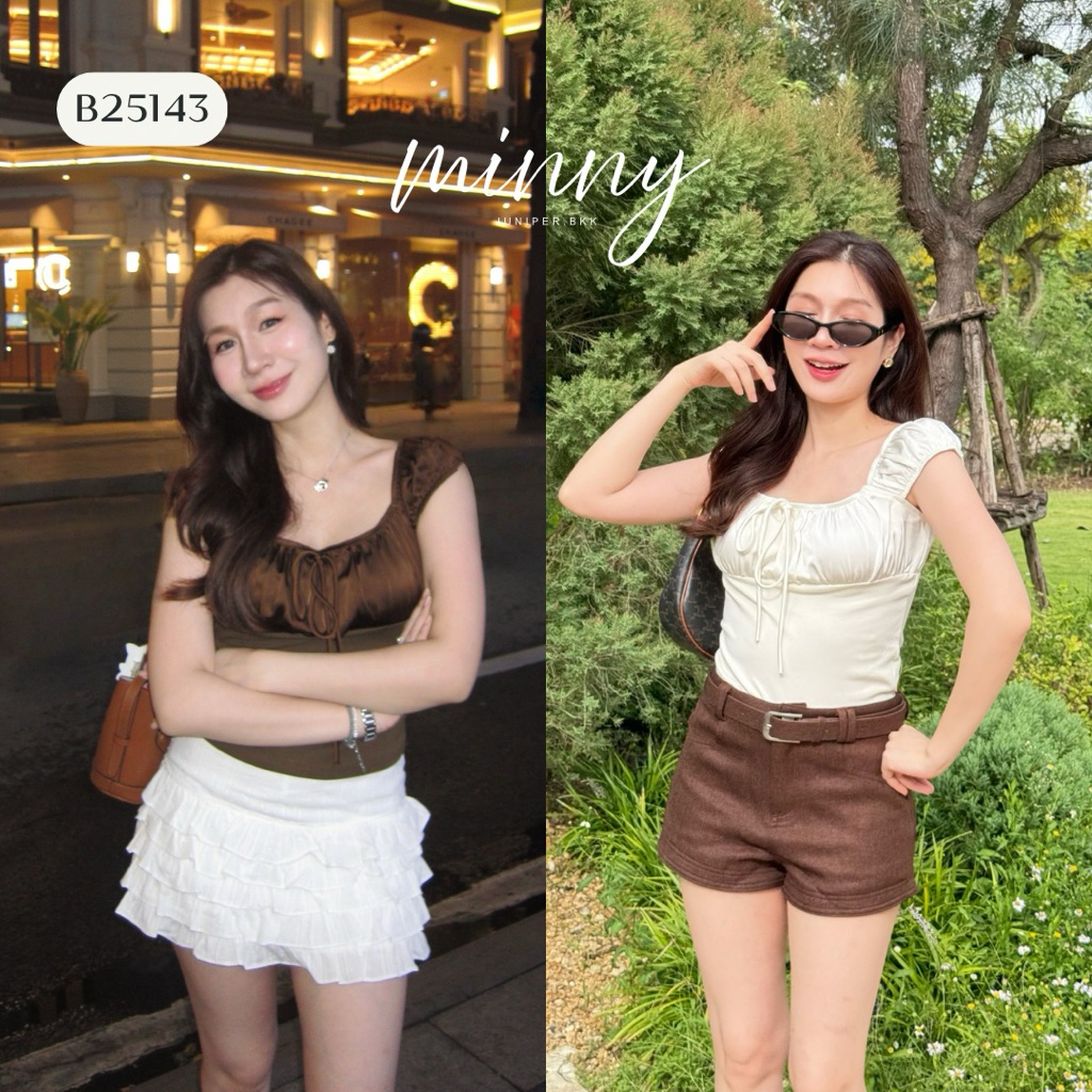 B25143 I MINNY เสื้อกล้ามครอป ดีเทลจับจีบรูดพร้อมสายผูกช่วงอก [ซื้อครบ 1,000 แถมเครื่องประดับ]