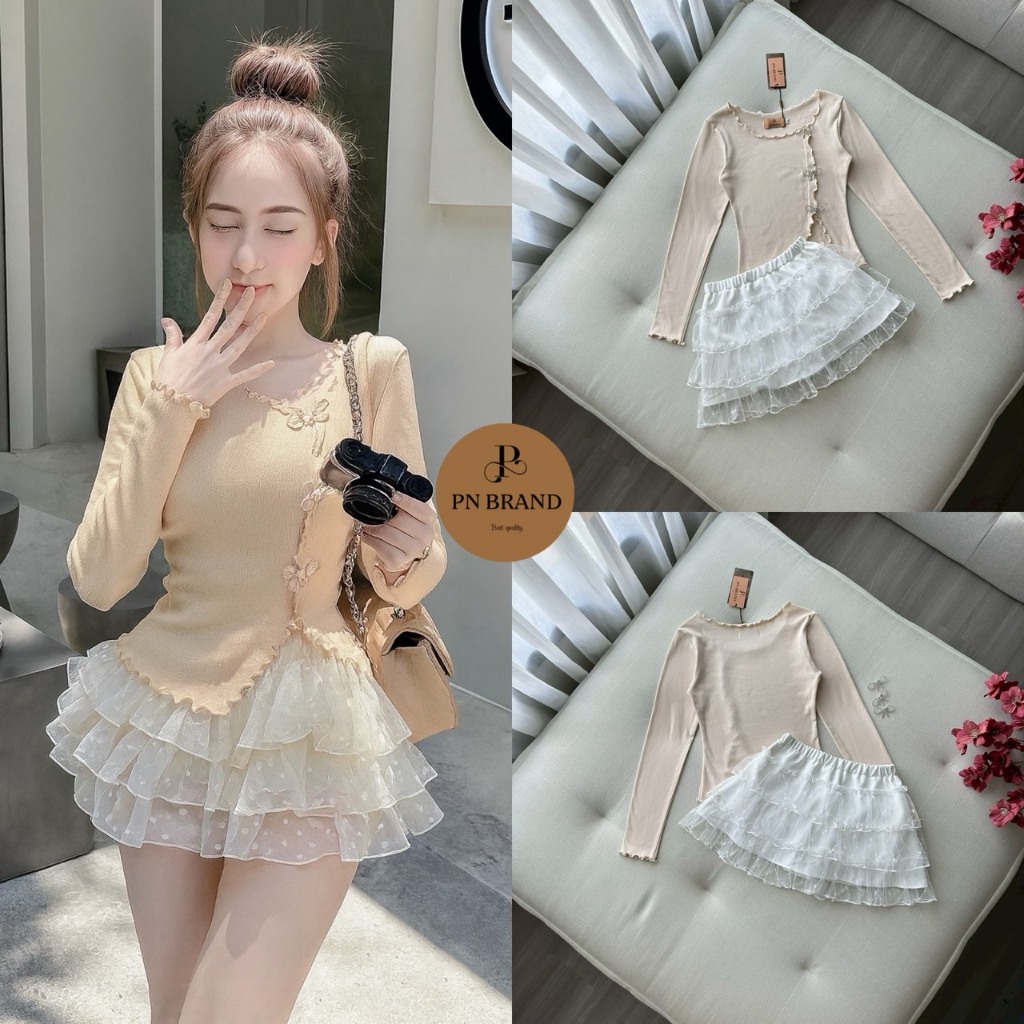 PNBRAND Rib Knit Long Sleeve Top setเสื้อผ้าร่อง