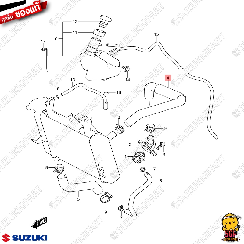 ท่อยางหม้อน้ำ ทางเข้า HOSE, RADIATOR INLET แท้ Suzuki Raider R 150 Fi
