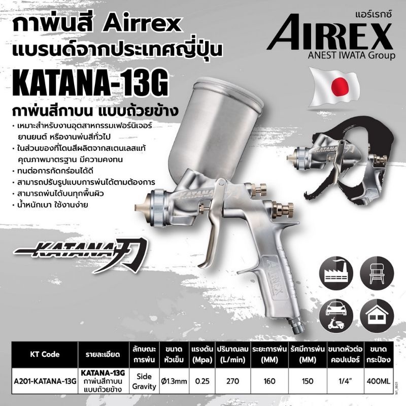 กาพ่นสี AIRREX by IWATA japan แบรนด์จากญี่ปุ่น รุ่น KATANA-13G กาบนออกข้างอลูมิเนียม หัว 1.3