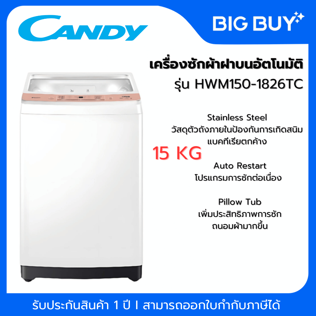 CANDY เครื่องซักผ้าฝาบนอัตโนมัติ รุ่น HWM150-1826TC ความจุ 15 kg