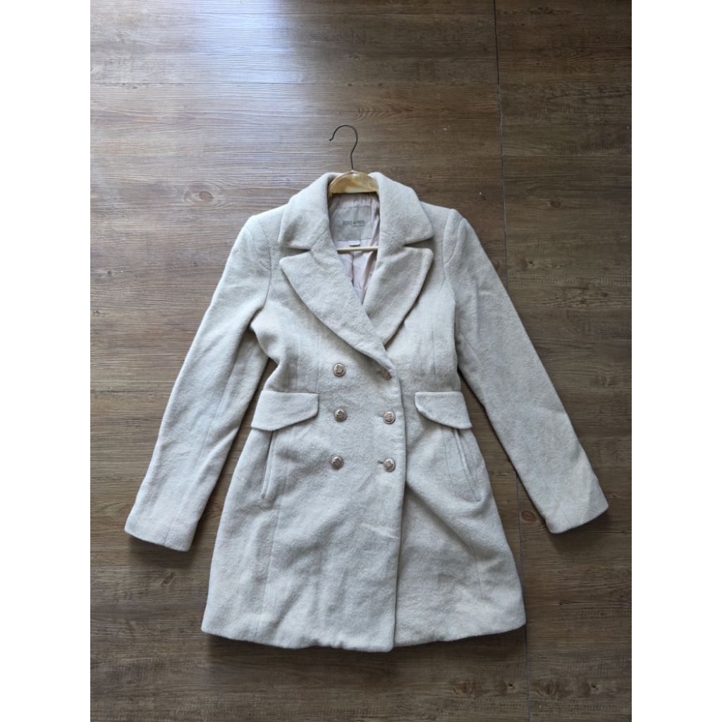 ECOLE DE PARIS เสื้อโค้ทสีน้ำตาลครีมคอปกแขนยาวกระดุมหน้าผ้าขนอุ่นนุ่มงานสวยอก36เอว30สะโพก38ยาว32(งาน