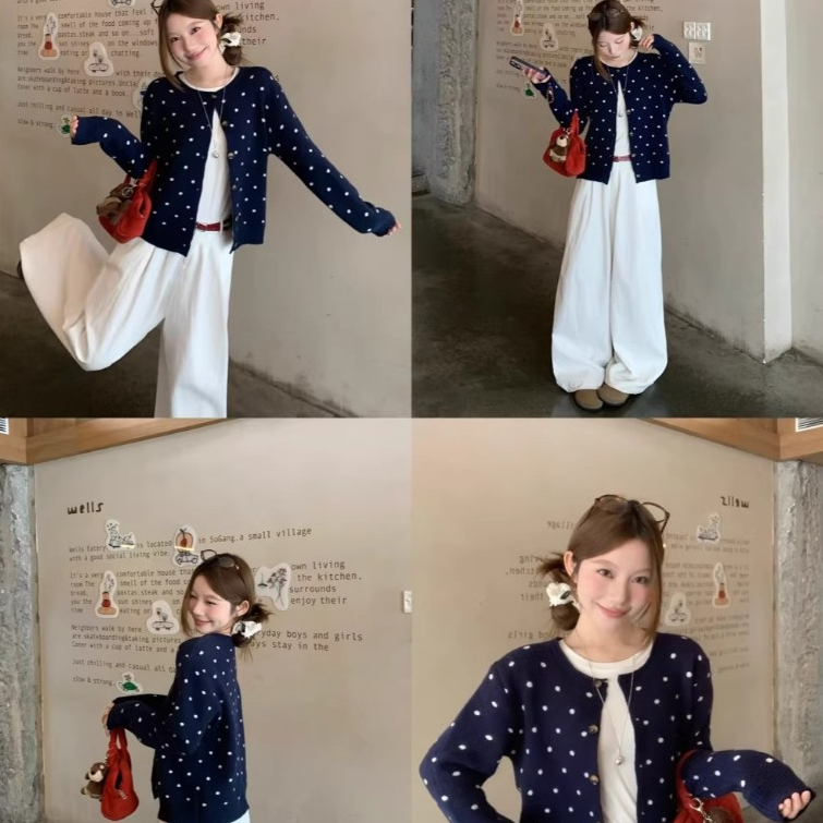 เสื้อคาร์ดิแกนถักลายจุดสไตล์เรโทรสำหรับผู้หญิง ทรงหลวม คอกลม ทรงครอป เหมาะสำหรับฤดูใบไม้ร่วง#88040