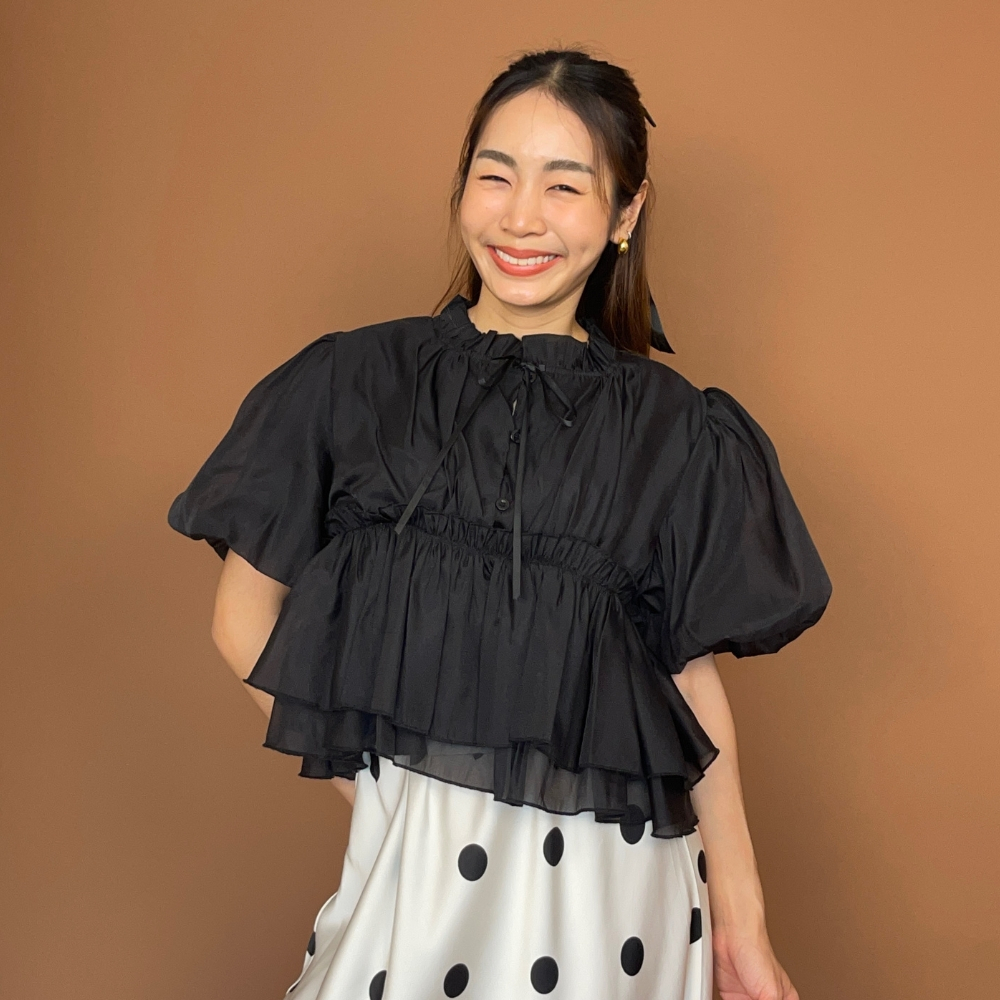S-3XL CHAWY Black Ruffle Blouse ‍ C4784 เสื้อระบายชีฟองดำ แขนตุ๊กตา สไตล์เกาหลีญี่ปุ่น – โปรปัง