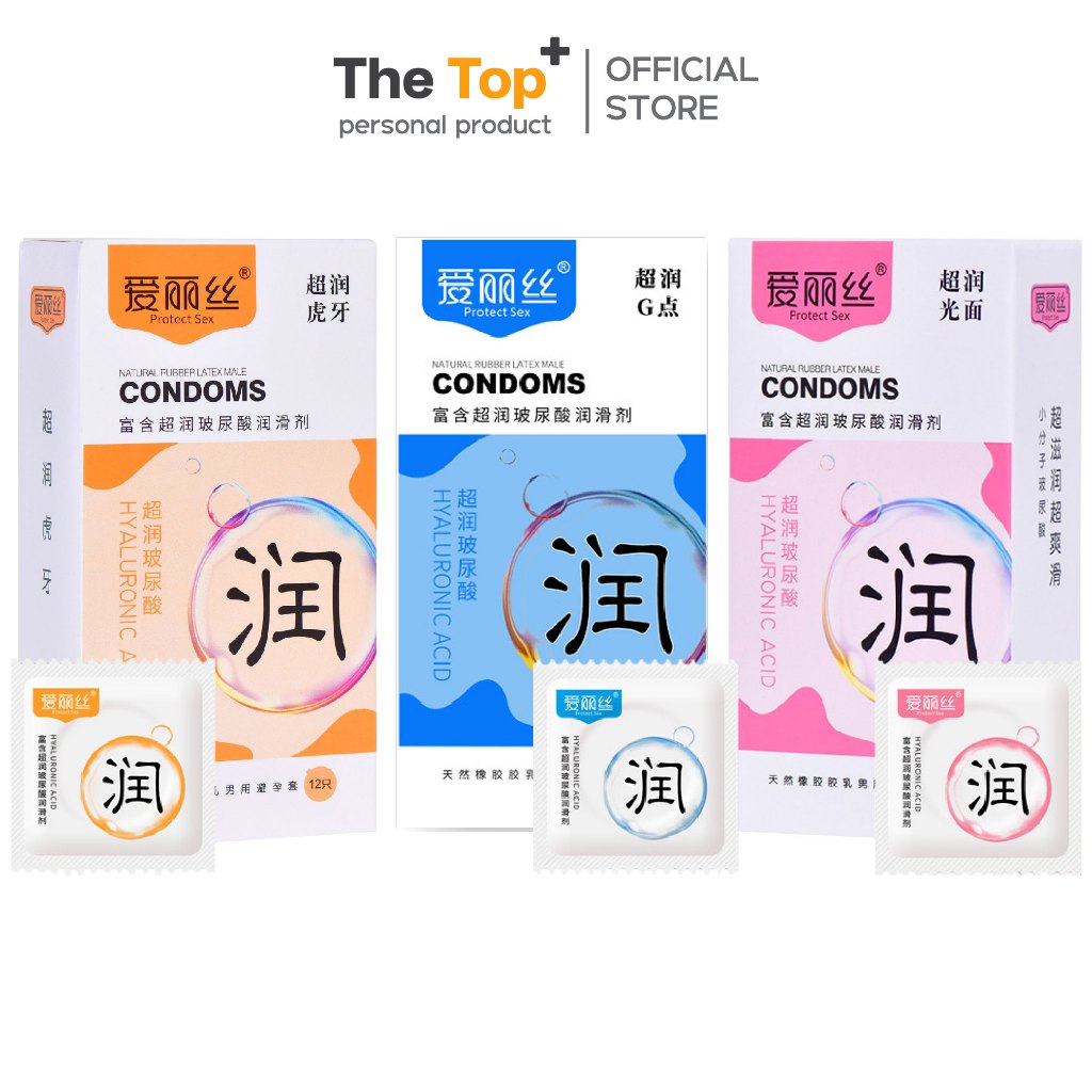 Alice ถุงยางอนามัย 12 ชิ้น 3 รุ่น เพิ่มสารหล่อลื่นไฮยาลูรอน 700 mg แบบเรียบ / บาง / ปุ่ม 52±2 มม.