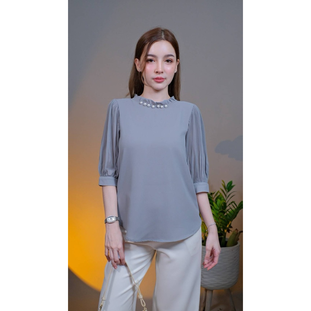 🔥Chanan☘️ 0548 เสื้อชีฟองผสมเกรดดี คอกลมระบายเล็กๆแต่งไข่มุก สีพื้นเรียบหรู ใส่ออกงาน ใส่เที่ยว เสื้อผู้หญิง มี7สี