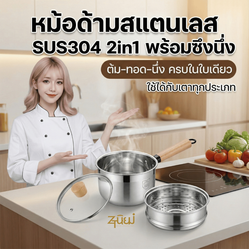 หม้อด้ามสแตนเลสSUS304 มี 2 ชั้น แบบ2in1 หม้อพร้อมซึ้งนึ่ง ฝากระจก ด้านล่างก้นลึกใช้ต้ม หรือทอดได้ ใช้ได้กับเตาทุกปะเภท