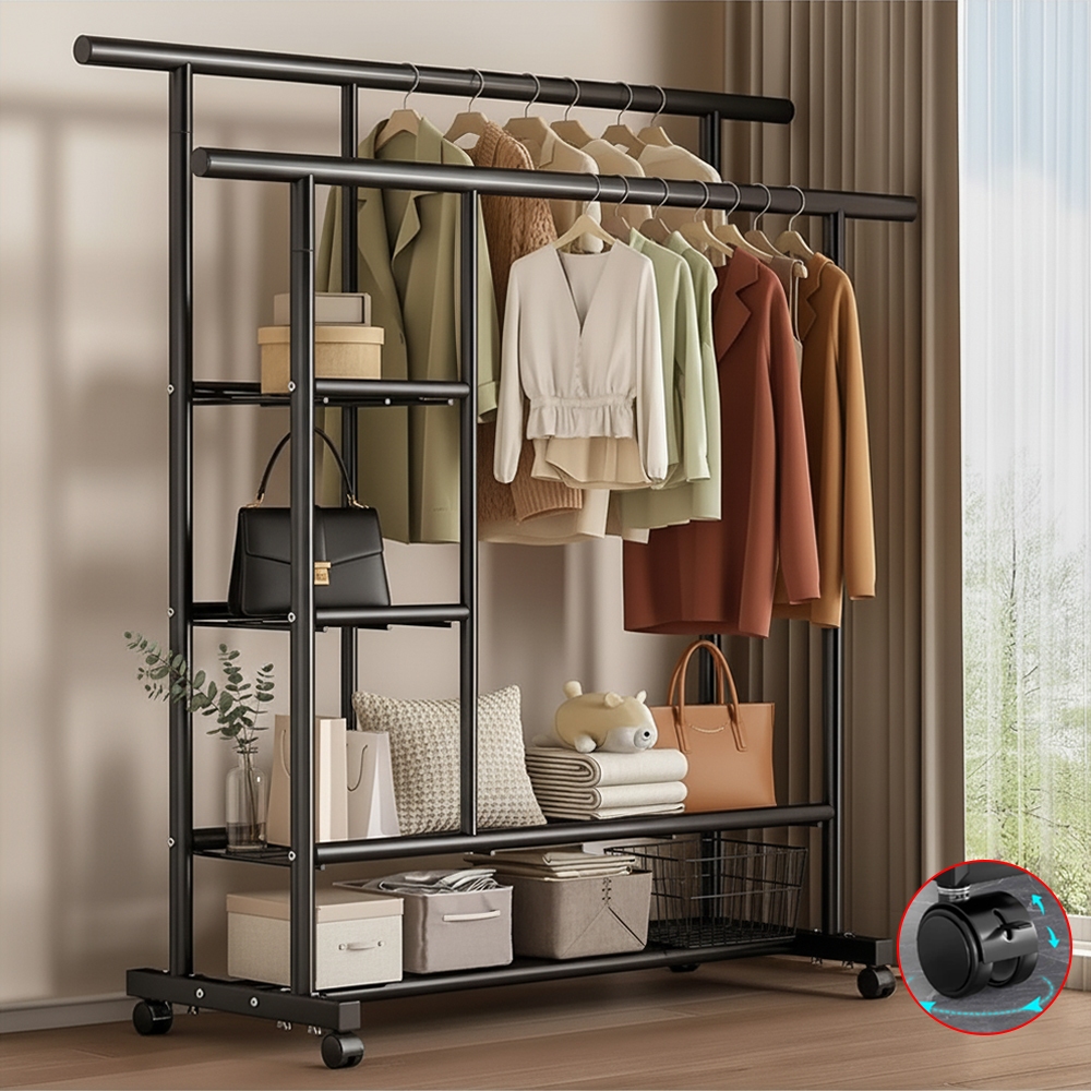 ราวแขวนผ้าสองบาร์เหล็กพร้อมล้อชั้นวางของ 2 ชั้น พร้อมชั้นวางข้างรับน้ำหนักได้มากกว่า20KG ราวแขวนผ้า