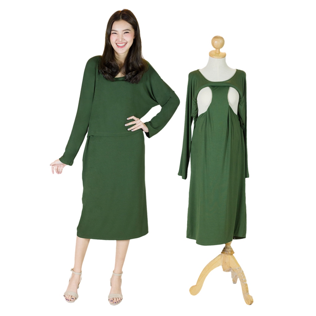 Muko Mana เดรสแขนยาวเปิดให้นม คลุมท้อง DR19