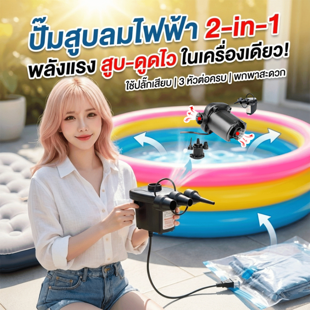 ⚡ปั้มลมไฟฟ้า⚡ ที่สูบลมไฟฟ้า สูบลมสระน้ำเป่าลม หัว 3 ขนาด(สูบลมเข้า-ออกได้) ZWS-EA001 เสียบปลั๊กบ้าน สินค้าพร้อมส่งด่วน