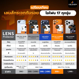 [Official] Ablemen ไอโฟน 17 Series Lens Full Glass กระจกใสเต็มแผ่น ปกป้องเลนส์กล้องแบบครอบ