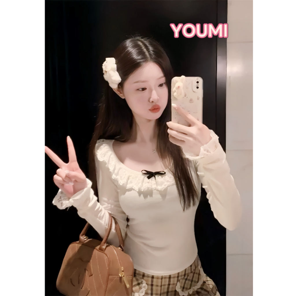 พร้อมส่ง เสื้อแขนยาวผู้หญิง เสื้อยืดเข้ารูป การออกแบบผ้าลูกไม้ปะติด สไตล์หวานน่ารัก ระบาย🌸YOUMI