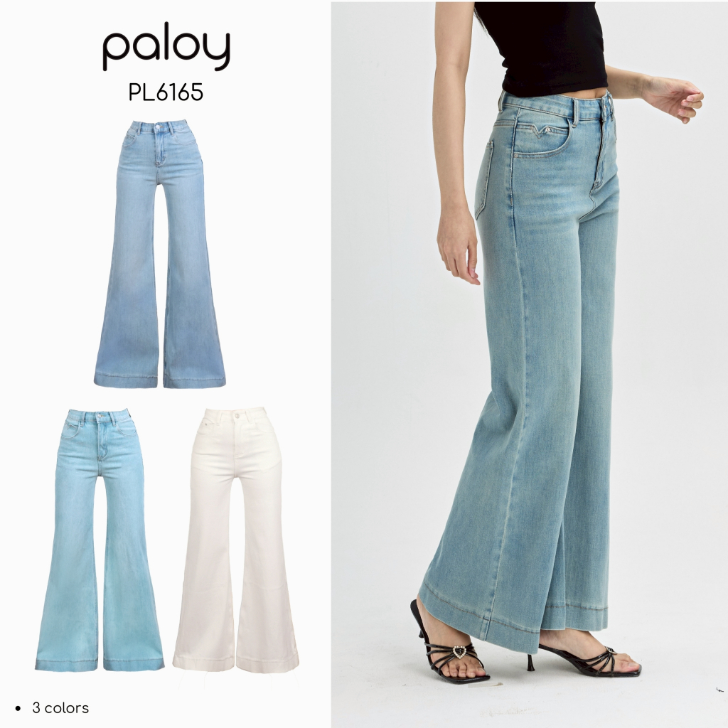 Paloy - PL6165 กางเกงยีนส์ขาม้าใหญ่ กระเป๋าหน้าทรงวี ผ้ายืดใส่สบาย
