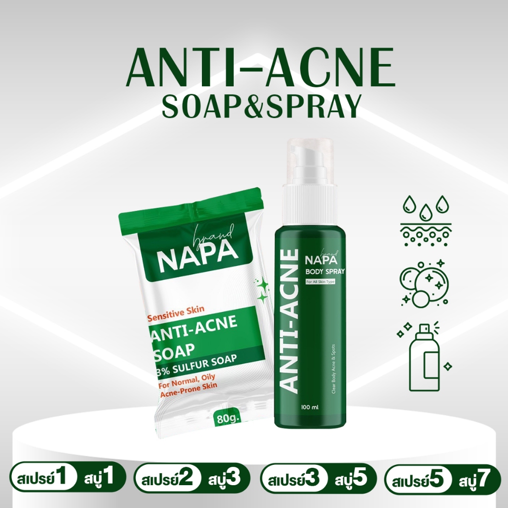 NAPA Anti-Acne Body Spray & Soap ลดผิวหนังอักเสบ ผื่นคัน ผิวแพ้ง่าย 1ชุด 2 ชิ้น