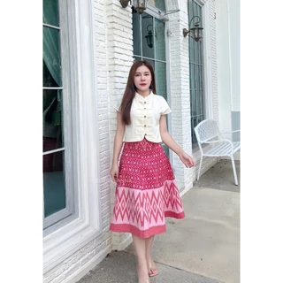ชุดเซทผ้าฝ้ายลายไทยคอจีนชายโค้ง กระโปรงทรงย้วยงาน8ชิ้น