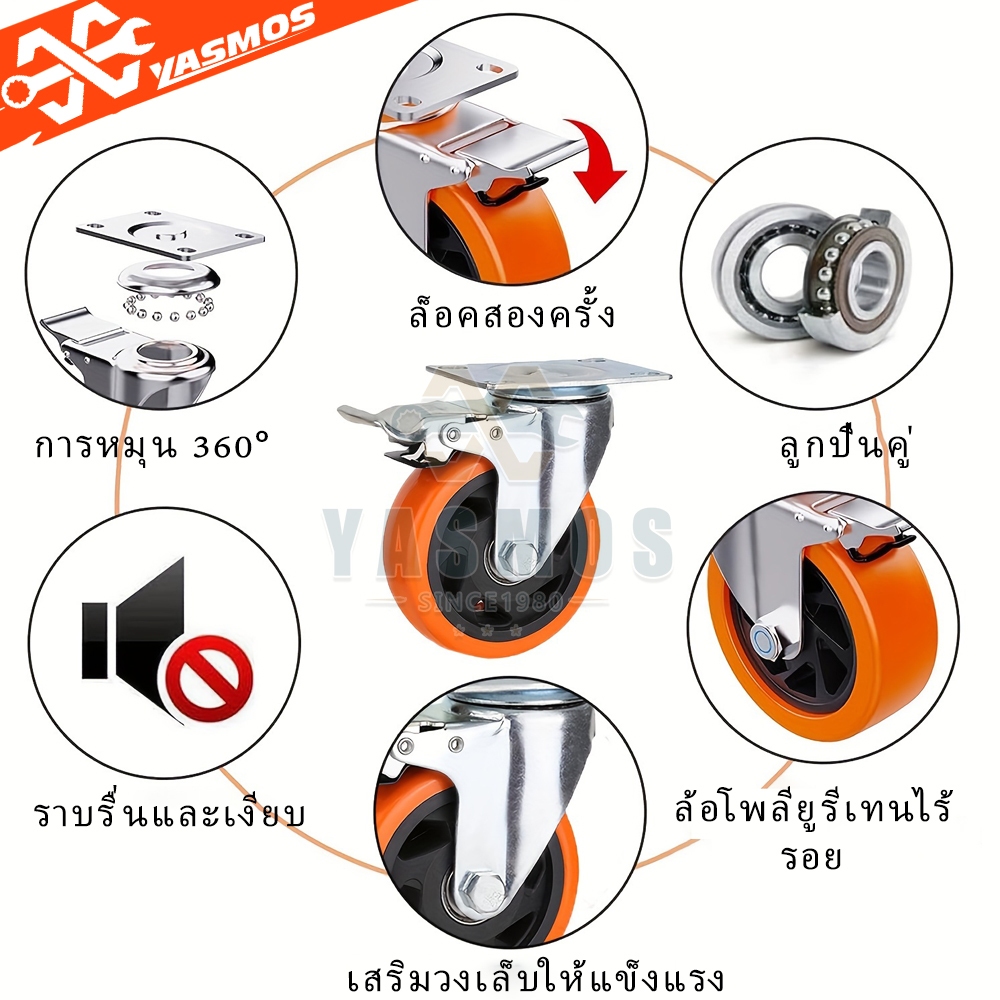 ล้อรถเข็น ล้อยูริเทน/PU ลูกล้อ ขนาด1.5/2/3/4/5นิ้ว (แป้นS) ส้ม หมุน360องศา  ทนทาน งานหนักปานกลาง  ล้อเป็น/ตาย/มีเบรก ราคา ถูกที่สุด ดีลบีเคเค แกลเลอรีภาพที่ 7