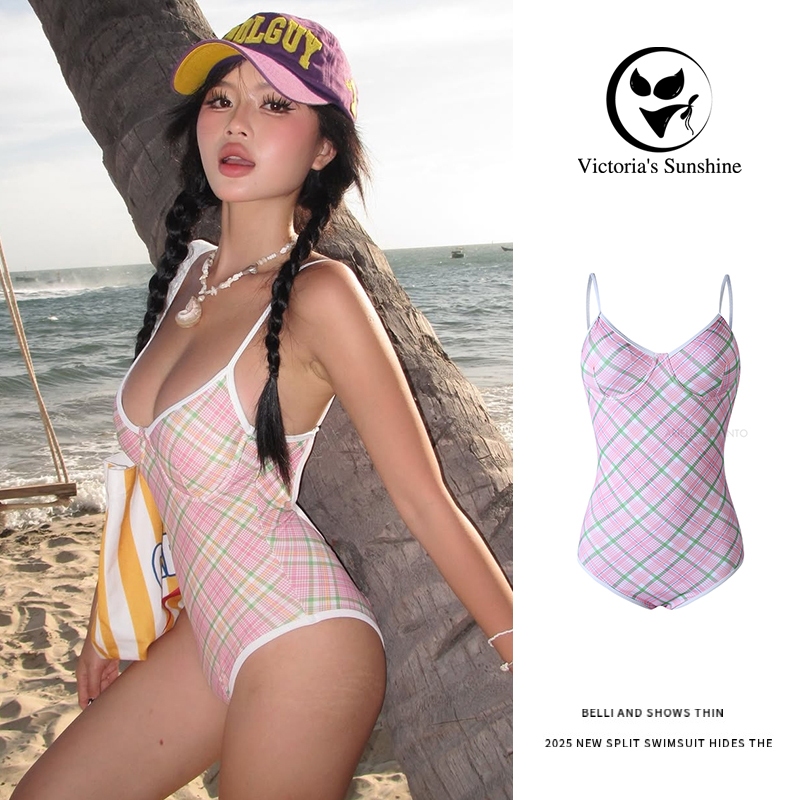 Victoria's Sunshine ชุดว่ายน้ำผู้หญิง วันพีช swimwear ลายสก็อต มีโครง สไตล์เซ็กซี่#1065