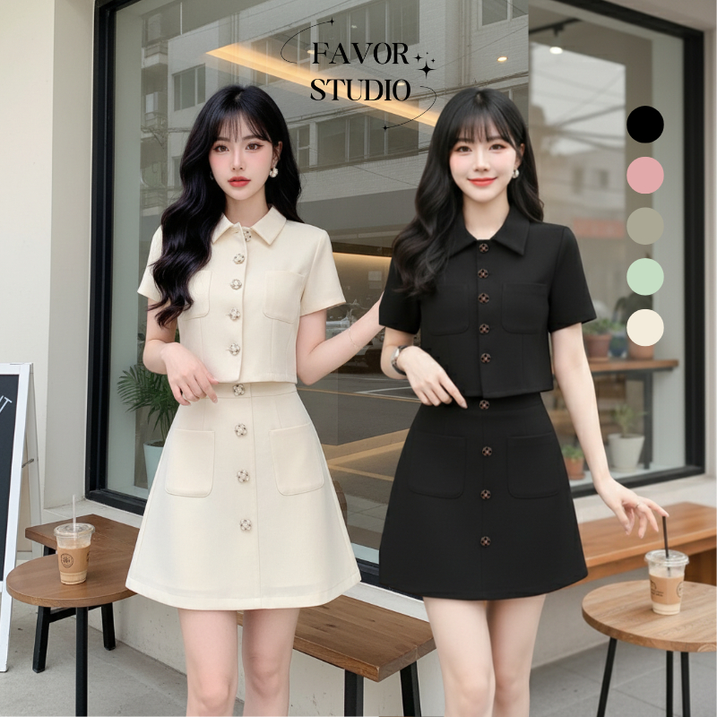 [S-4XL] เสื้อผ้าสตรีไซส์ใหญ่ ชุดเซตทำงาน เสื้อ + กระโปรงสั้น เดรสสาวอวบ สไตล์วินเทจ ใส่สบาย น่ารัก
