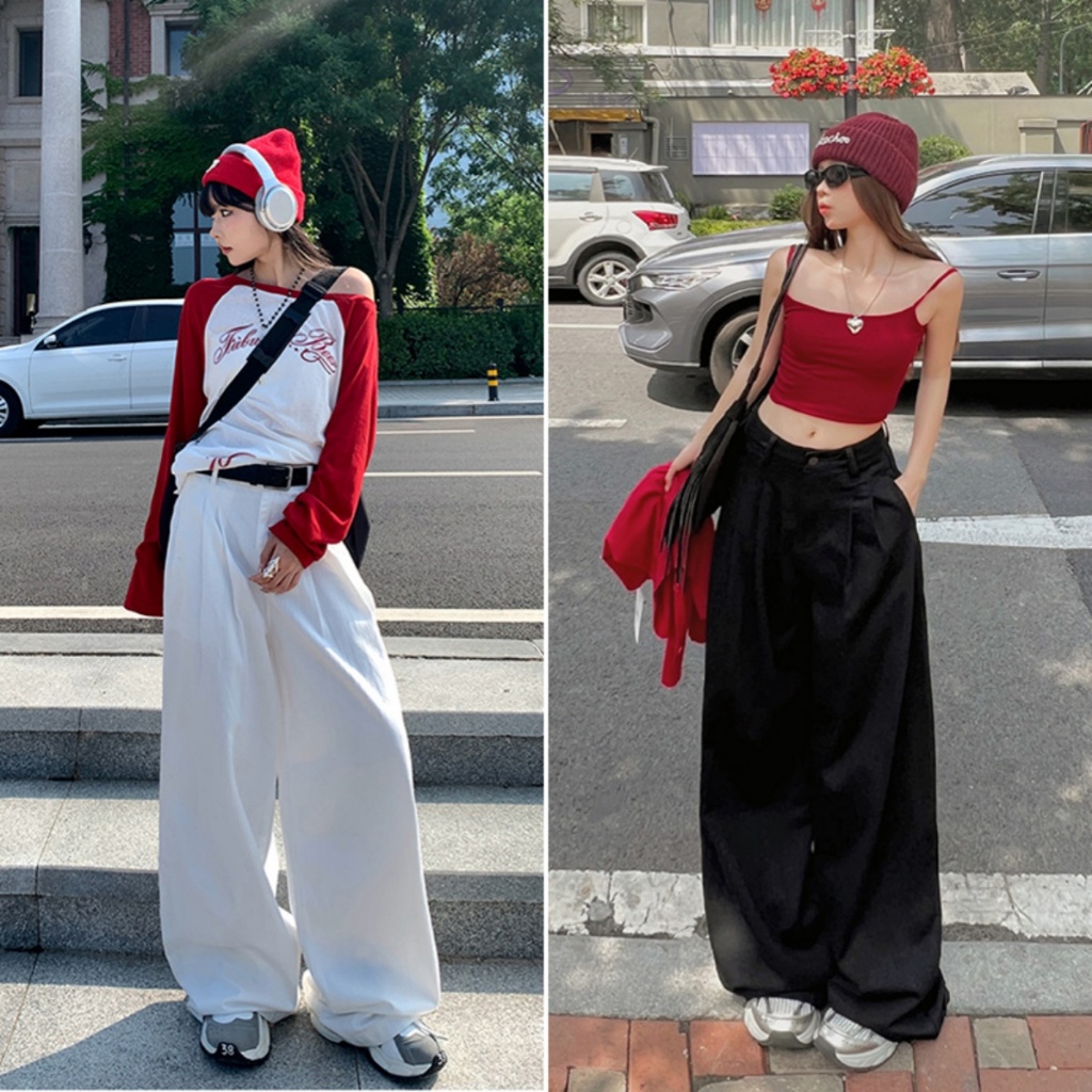 Bella Shop กางเกงยีนส์ขากว้างเอวสูง กางเกงวินเทจ ทรงหลวม สวมใส่สบาย