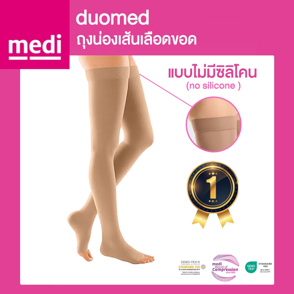 🇩🇪 Medi Duomed ✔️โคนขาแบบ "ไม่มีซิลิโคน" ถุงน่องป้องกันเส้นเลือดขอด Open/Close แรงบีบ 23-32 mmHg