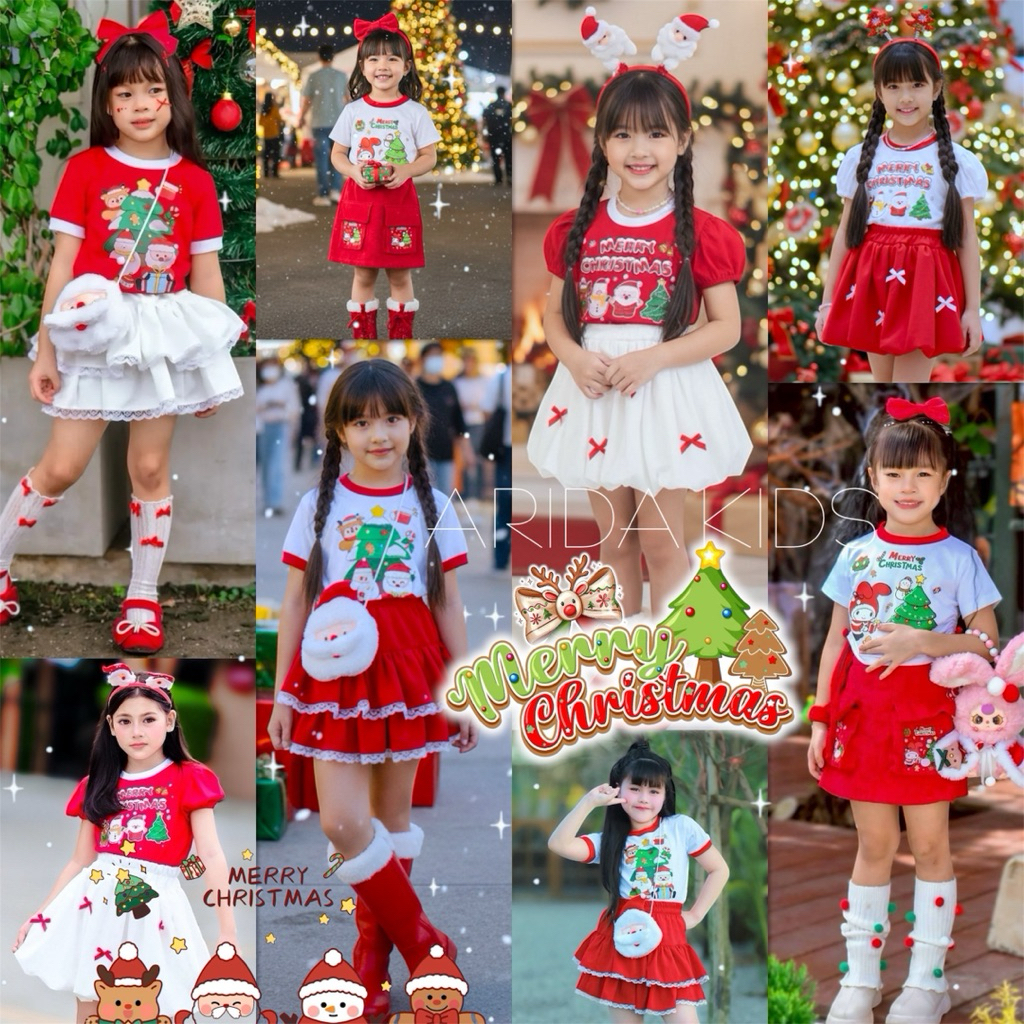 ชุดซานตี้คริสต์มาสเด็กหญิง Merry Christmas (3 ชิ้น) เสื้อ+กระโปรงบอลลูน+ที่คาดผม