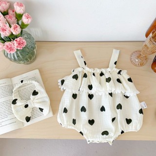 PN (ชุดบอดี้เด็ก+คาดผม) แรกเกิด-1ขวบ สีครีมลายหัวใจ อกแต่งระ…