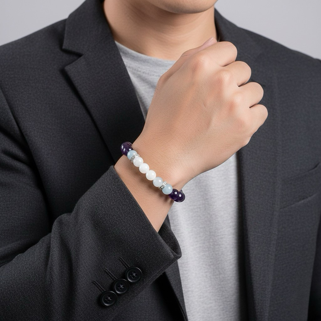 อเมทิสต์(Amethyst) + อความารีน(Aquamarine) + มูนสโตน(Moonstone) + หินเปลือกหอย กำไลหินมงคล 8mm. Nareegives หินมงคลแท้ ราคา ถูกที่สุด ดีลบีเคเค แกลเลอรีภาพที่ 3
