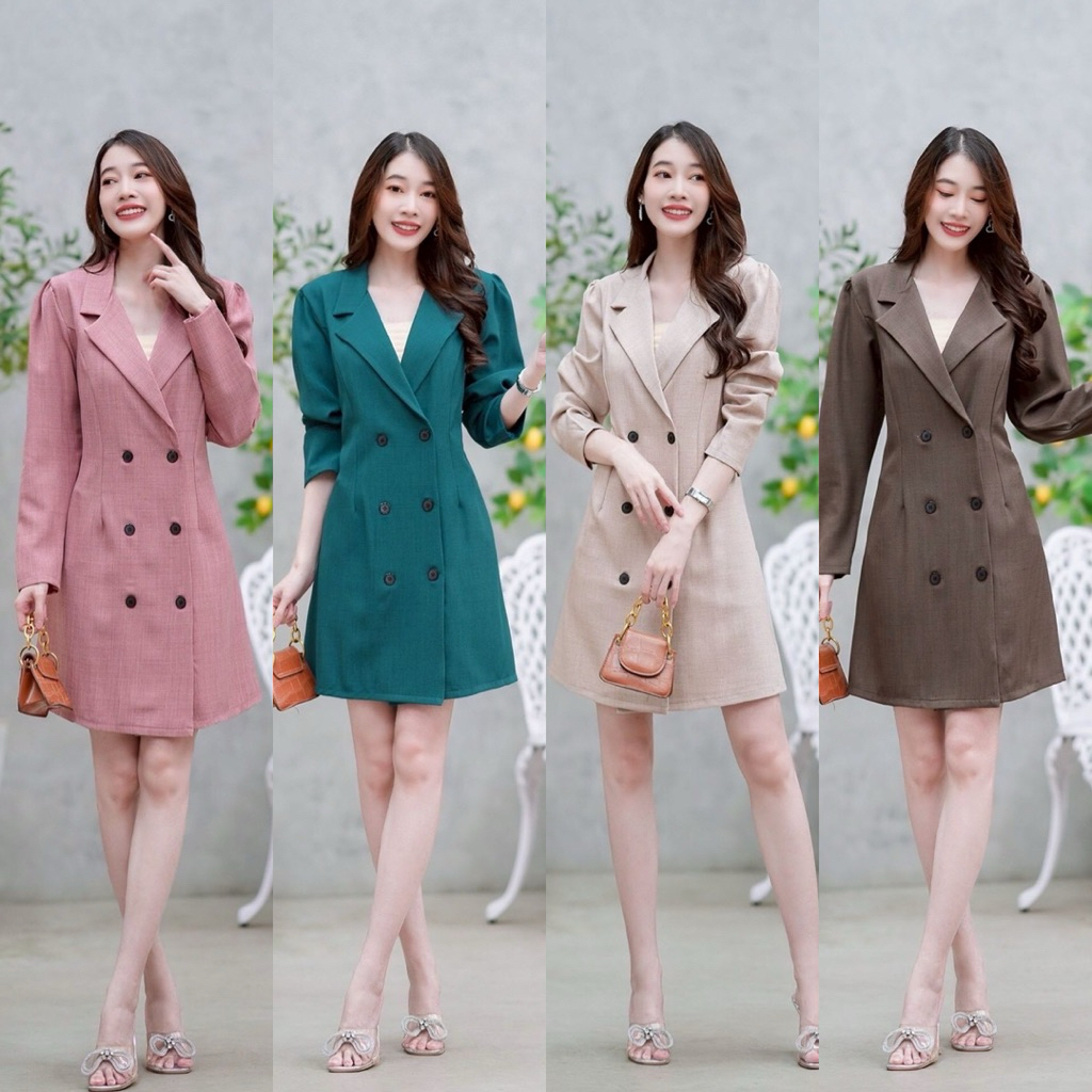 (มี 2 ไซส์ ) เดรสปกสูทแขนยาว ติดกระดุมสีดำด้านหน้า ดีไซน์สวยมากๆ แบบสุภาพใส่ได้ตลอด
