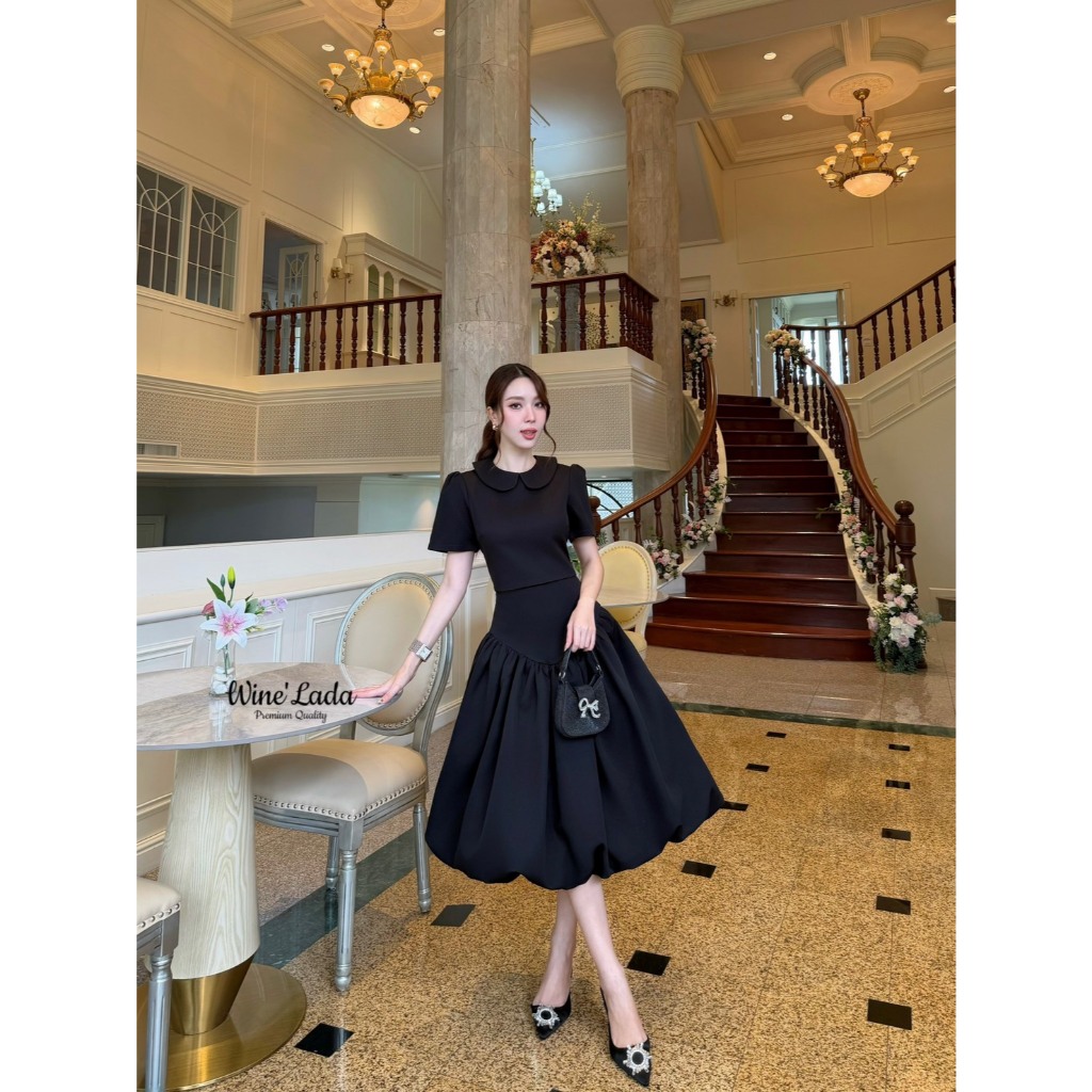 Wine'Lada Dressทรงเชิ้ตกระดุมหน้าอะไหล่เงิน สีดำ - รูปที่ 5