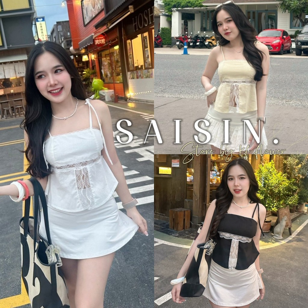 เสื้อสายเดี่ยวผูกไหล่ ดีไซน์ผ่าหน้า ผ้าคอตตอลผ้าดี ด้านหลังสม็อคยืดได้เยอะ P53