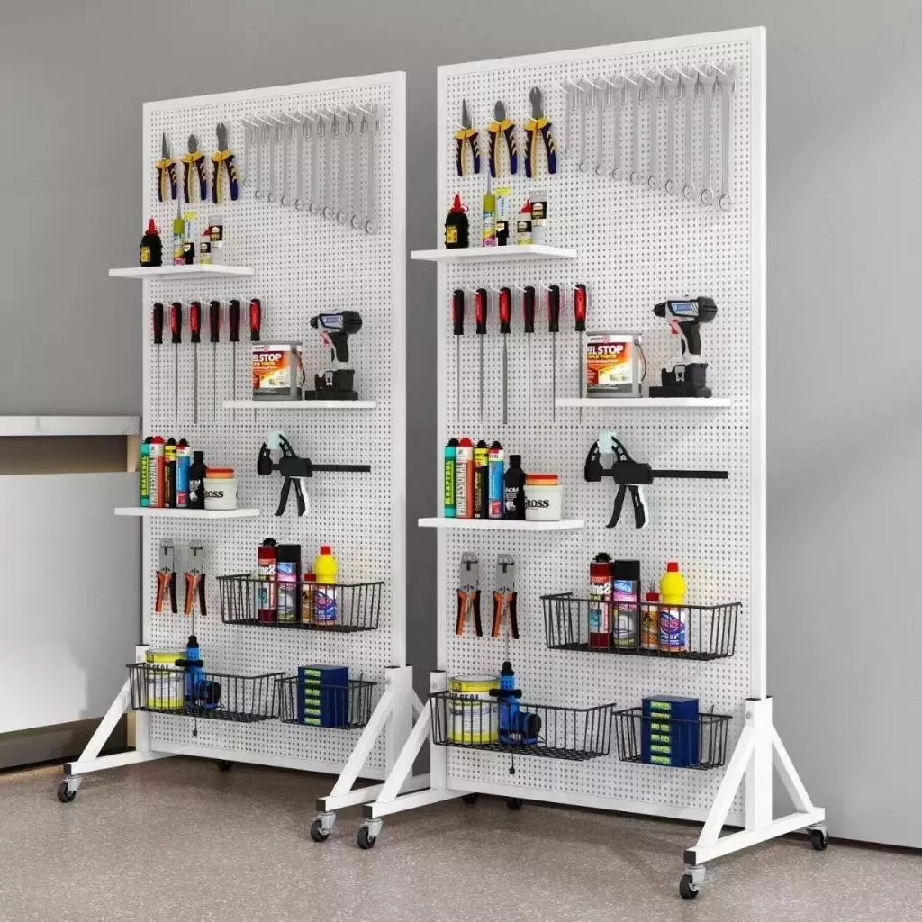จัดส่งจากประเทศไทย สแตนโชว์สินค้า Pegboard Hook แขวนชั้นวางขาตั้งพร้อมล้อเคลื่อนย้ายได้สีขาว / ดํา 50 * 120 ซม.