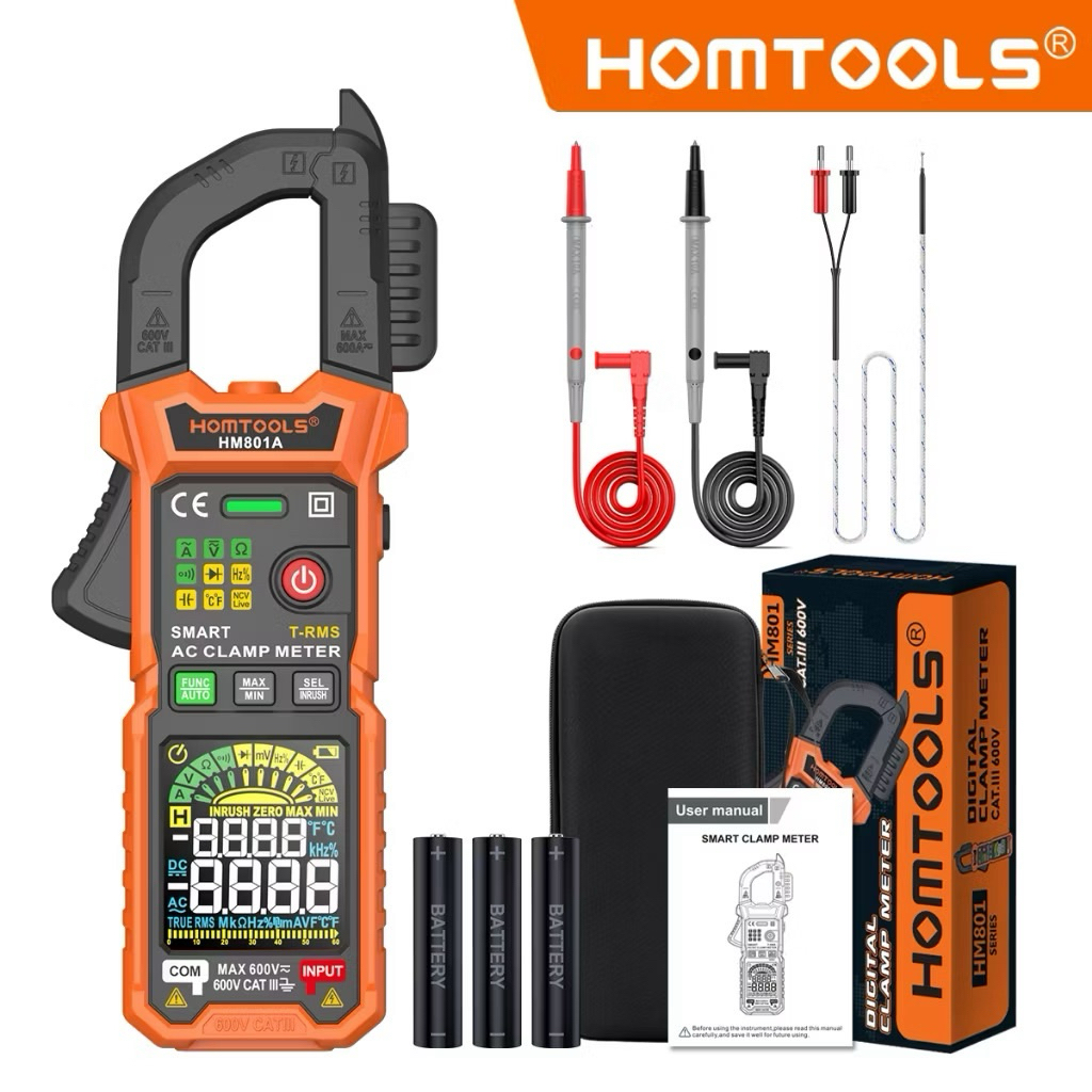 HOMTOOLS HM801A เครื่องทดสอบแรงดันไฟฟ้าดิจิตอลคลัมป์มัลติเมตร 600A AC / DC และกระแสไฟฟ้า 600V AC / D