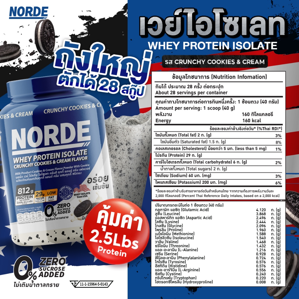 Norde Whey Protein Isolate เวย์โปรตีน ไอโซเลท เสริมสร้างกล้ามเนื้อ โปรตีนสูง 29g  กระปุกใหญ่ 2.5 lbs ราคา ถูกที่สุด ดีลบีเคเค แกลเลอรีภาพที่ 5