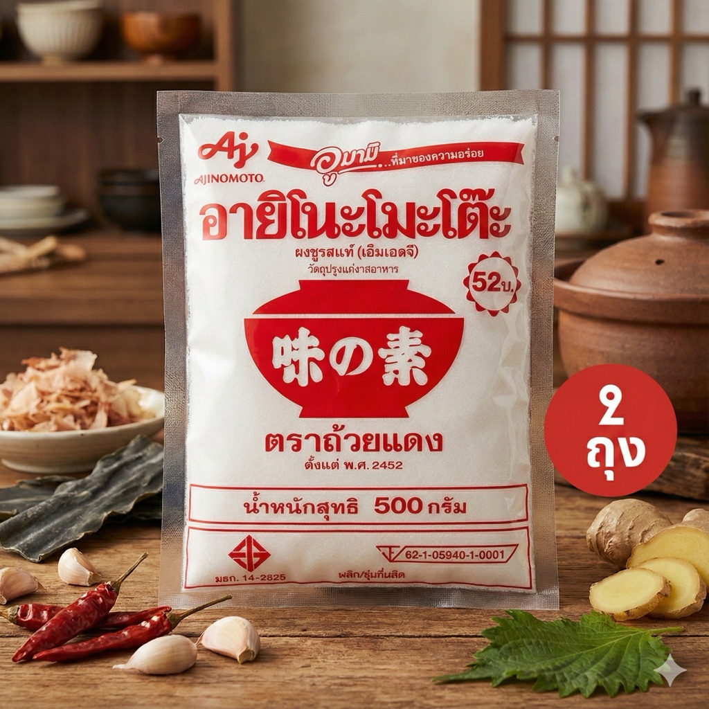 ผงชูรส ผงนัว อายิโนะโมะโต๊ะ ถ้วยแดง 500 กรัม (แพค 2 ถุง)